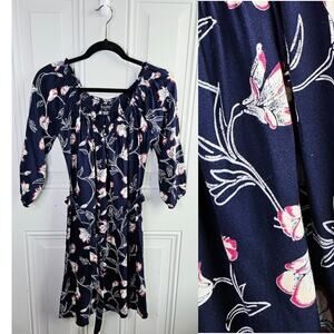 Lucky Brand Vintage Floral Navy Blue Shift Dress Size XS Belted Feminine Career